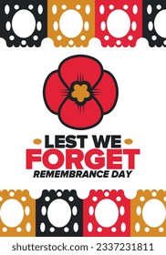 Remembrance Day. Lest we Forget. Remembrance poppy. Poppy day. Memorial day observed in Commonwealth member states to honour armed forces members who have died in the line of duty. Red poppy. Vector