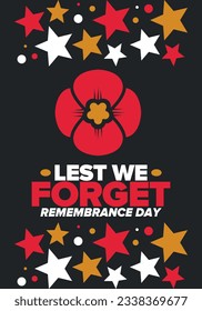 Remembrance Day. Lest we Forget. Remembrance poppy. Poppy day. Memorial day observed in Commonwealth member states to honour armed forces members who have died in the line of duty. Red poppy. Vector