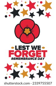 Remembrance Day. Lest we Forget. Remembrance poppy. Poppy day. Memorial day observed in Commonwealth member states to honour armed forces members who have died in the line of duty. Red poppy. Vector