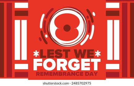 Remembrance Day. Lest we Forget. Remembrance poppy. Poppy day. Memorial day observed in Commonwealth member states to honour armed forces members who have died in the line of duty. Red poppy. Vector