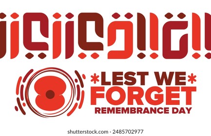 Remembrance Day. Lest we Forget. Remembrance poppy. Poppy day. Memorial day observed in Commonwealth member states to honour armed forces members who have died in the line of duty. Red poppy. Vector