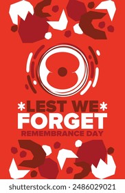 Remembrance Day. Lest we Forget. Remembrance poppy. Poppy day. Memorial day observed in Commonwealth member states to honour armed forces members who have died in the line of duty. Red poppy. Vector