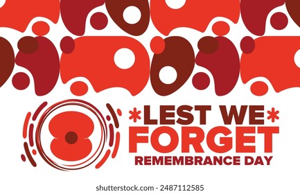 Remembrance Day. Lest we Forget. Remembrance poppy. Poppy day. Memorial day observed in Commonwealth member states to honour armed forces members who have died in the line of duty. Red poppy. Vector