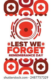 Remembrance Day. Lest we Forget. Remembrance poppy. Poppy day. Memorial day observed in Commonwealth member states to honour armed forces members who have died in the line of duty. Red poppy. Vector