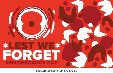 Remembrance Day. Lest we Forget. Remembrance poppy. Poppy day. Memorial day observed in Commonwealth member states to honour armed forces members who have died in the line of duty. Red poppy. Vector