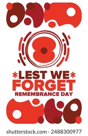 Remembrance Day. Lest we Forget. Remembrance poppy. Poppy day. Memorial day observed in Commonwealth member states to honour armed forces members who have died in the line of duty. Red poppy. Vector