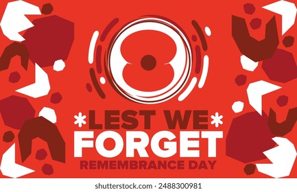 Gedenktag. Damit wir es nicht vergessen. In: Remembrance Mohn. Mohniger Tag. Gedenktag in den Commonwealth-Mitgliedsstaaten zu Ehren von Angehörigen der Streitkräfte, die in Ausübung ihrer Pflicht gestorben sind. Mohn. Vektorgrafik