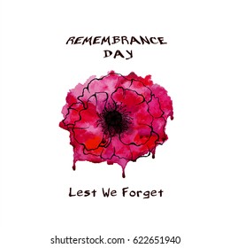 Remembrance day. Lest We forget.  Bright poppy. Remembrance day card. Watercolor Vector Illustration on white background