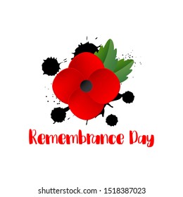 Remembrance Day memorial poster. Red Poppy flower international symbol of peace. Lest We Forget text isolated on white background. Anzac Day. Black Hand drawn blots, splashes. Vector Illustration