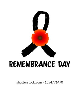 Remembrance Day November 11 typography with poppy flower as symbol of peace and sign of awareness black ribbon, text is for Memorial Day Armistice Day anniversary celebration in British Commonwealth