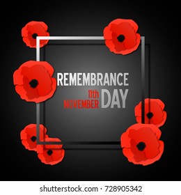 Remembrance day paper cut banner with poppy flowers and frame. Vector 