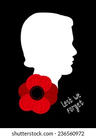 Remembrance Day Poppy (also Poppy Day or Armistice Day) vector illustration. Poppy flower ans man head profile. With text and date. Lest We Forget message hand written. For memorial day.