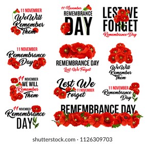 Remembrance Day poppy flower icon. Memorial Day floral symbol of red poppy flower wreath with Lest We Forget text for 11 November Armistice Day anniversary celebration in British Commonwealth