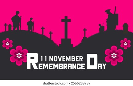 Remembrance Day with poppy flowers banner . Lest We forget 11 November .Holiday concept vector with text inscription, perfect for background, Greeting Card, Poster, Banner, Web and Social Media Post.