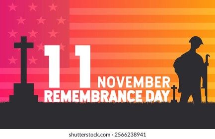 Remembrance Day with poppy flowers banner . Lest We forget 11 November .Holiday concept vector with text inscription, perfect for background, Greeting Card, Poster, Banner, Web and Social Media Post.