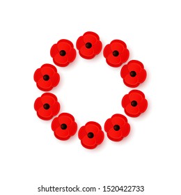 Remembrance Day Poppy Wreath with a place for text. Paper cut red Poppy flower symbol of peace. Lest We Forget. Anzac Day. Memorial card, banner. Armistice Day. Lapel pins, brooch. Vector Illustration