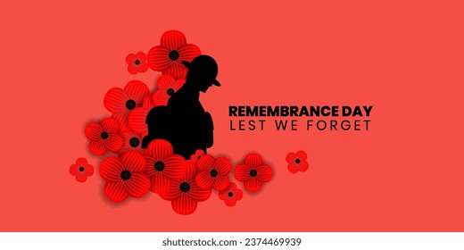 Remembrance day poster, Lest We forget 11 November greeting banner or card of poppy flowers, Vector illustration. 