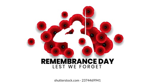 Remembrance day poster, Lest We forget 11 November greeting banner or card of poppy flowers, Vector illustration. 