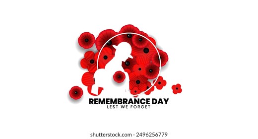 Remembrance day poster, Lest We forget 11 November greeting banner or card of poppy flowers, Vector illustration.	