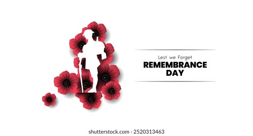 Remembrance day poster, Lest We forget 11 November greeting banner or card of poppy flowers, Remembrance day, Victory Day, Anzac day, Vector illustration.	