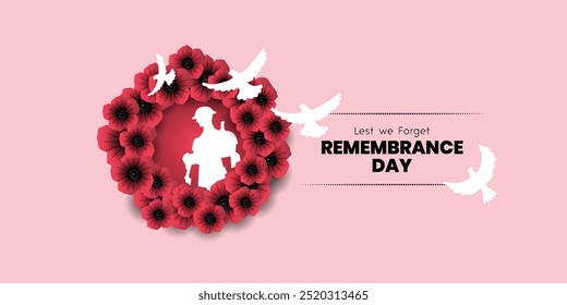 Cartaz do dia da lembrança, Lest We Forget 11 November greeting banner or card of poppy Flowers, Remembrance day, Victory Day, Anzac day, ilustração Vetor.	