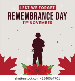 Remembrance day poster, Lest We forget 11 November greeting banner or card of poppy flowers, Social media post, greeting, Trypography design, poster or banner of remembrance day,  Vector illustration