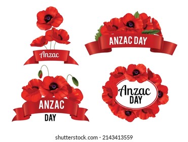 Remembrance day realistic emblems with poppies flowers and text anzac day on red ribbons isolated vector illustration