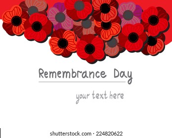 Remembrance Day, Red Poppy Day, holiday vector page design. Red Flanders Poppies on white background with place for text. On white. For card, invitation, web site design.