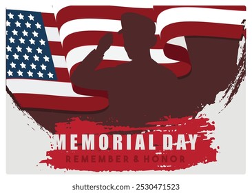 Remembrance Day with silhouettes of soldiers saluting. Remembering and honoring soldiers who have served. Memorial Day concept. Flat vector illustration.