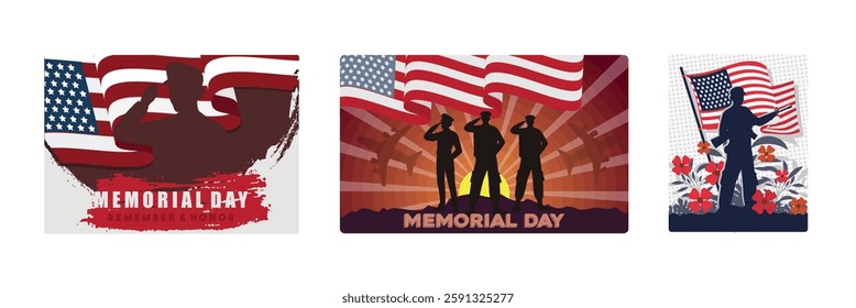 Remembrance Day with silhouettes of soldiers saluting. Annual commemoration in America. Remembering and honoring fallen soldiers. Memorial Day concept. Set flat vector illustration.