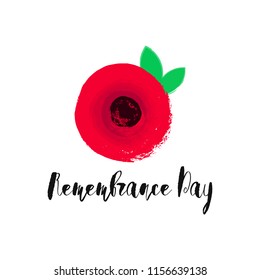 Remembrance Day simple card with a lettering. Lest We forget. Hand drawn Red Poppy flower - international symbol of peace. Vector Illustration EPS 10 file.