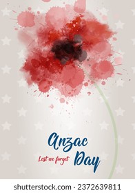 Remembrance day symbol. Anzac Day holiday. Lest we forget lettering. Red watercolor poppy. Vertical banner template.