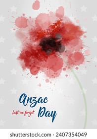 Símbolo del día de recuerdo. Día feriado de Anzac. No olvidemos las letras. Ampolla de color rojo. Plantilla de banner vertical.