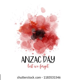 Remembrance day symbol. Anzac Day. Lest we forget lettering. Red watercolor poppy symbol.