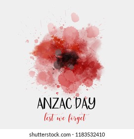 Remembrance day symbol. Anzac Day. Lest we forget lettering. Red watercolor poppy symbol.