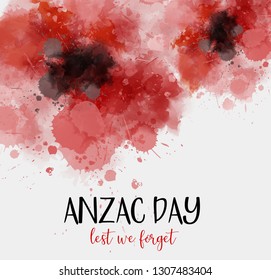 Remembrance day symbol. Anzac Day. Lest we forget lettering. Red watercolor poppies.