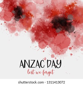 Remembrance day symbol. Anzac Day. Lest we forget lettering. Red watercolor poppies.