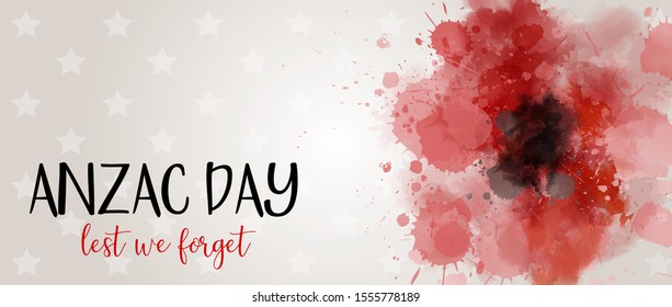 Remembrance day symbol. Anzac Day. Lest we forget lettering. Red watercolor poppy. Horizontal banner template