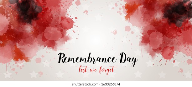 Remembrance day symbol. Anzac Day. Lest we forget lettering. Red watercolor poppies. Horizontal banner template