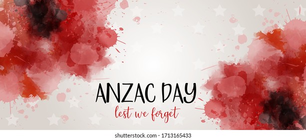 Remembrance day symbol. Anzac Day. Lest we forget lettering. Red watercolor poppies. Horizontal banner template