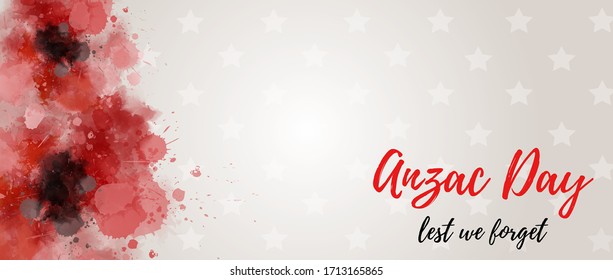 Remembrance day symbol. Anzac Day. Lest we forget lettering. Red watercolor poppies. Horizontal banner template