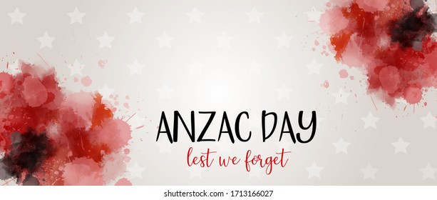 Remembrance day symbol. Anzac Day. Lest we forget lettering. Red watercolor poppies. Horizontal banner template