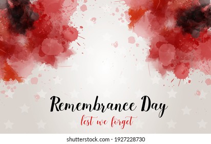 Remembrance day symbol. Anzac Day. Lest we forget lettering. Red watercolor poppies. Horizontal banner template