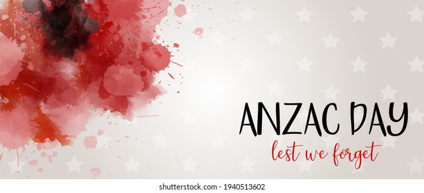 Remembrance day symbol. Anzac Day. Lest we forget lettering. Red watercolor poppies. Horizontal banner template