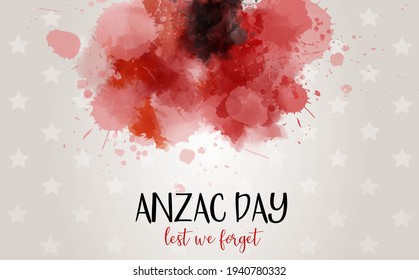 Remembrance day symbol. Anzac Day. Lest we forget lettering. Red watercolor poppies. Horizontal banner template