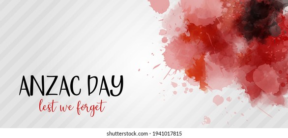 Remembrance day symbol. Anzac Day. Lest we forget lettering. Red watercolor poppies. Horizontal banner template