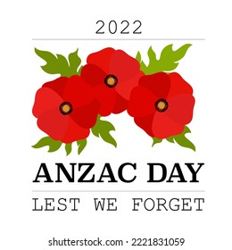 Remembrance Day Symbol. Bright Poppy Flowers with Leaves. Anzac Day Lettering. Lest We Forget Text. Vector illustration isolated on White Background.