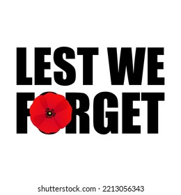 Remembrance day symbol, vector illustration with Lest we forget text and red poppy flower. Anzac day or Remembrance sunday card.