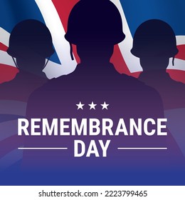 Remembrance day vector card design, with vintage style soldier silhouettes on waving UK flag background. Patriotic British army banner with memorial message.