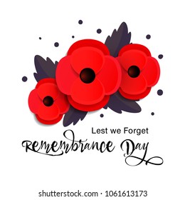 Remembrance Day vector card. Lest We forget. Paper cut Red Poppy flower - international  symbol of peace. Vector Illustration EPS 10 file.